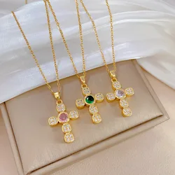 Exquisite Micro-Inlaid Christian Cross Necklace, Classic Fashion Luxury Stainless Steel Clavicle Chain