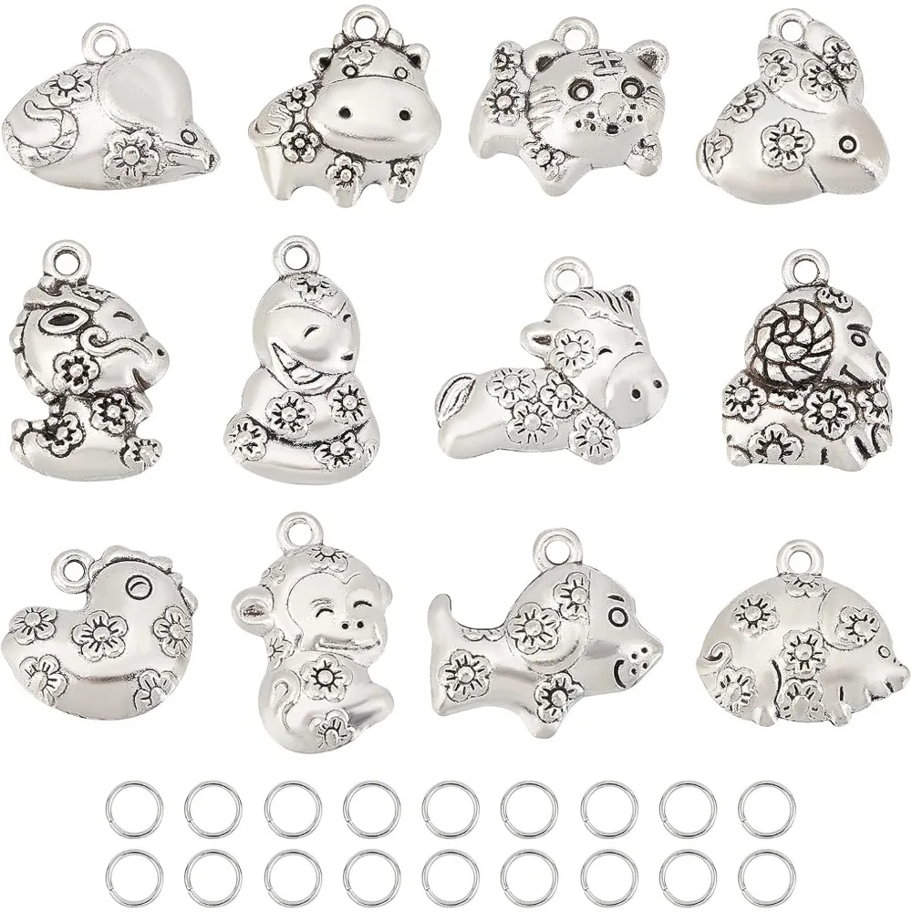 12pcs 12 Style Tibetan Style Alloy Pendants Chinese Zodiac Signs Pendants Environmental Alloy Charms with 18Pcs Jump Rings