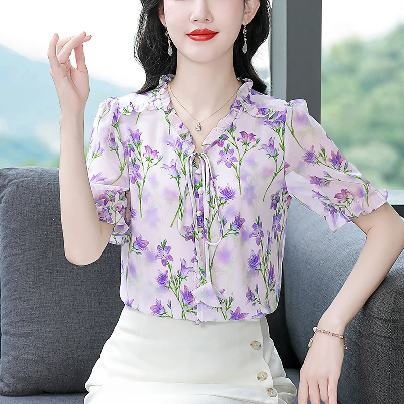 M-4XL 2024 Summer Chiffon Blouse New Short sleeved Floral Printed Shirt V neck Bow tie Women Tops