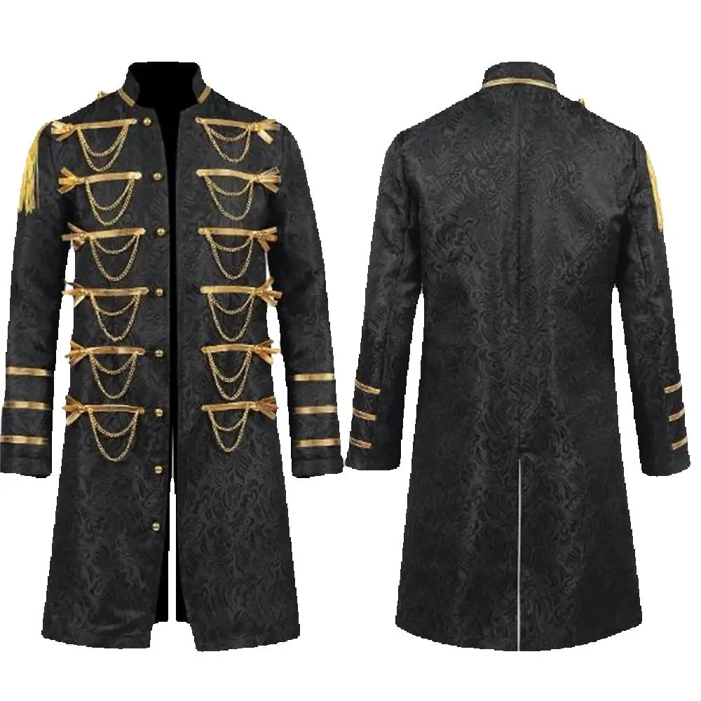 

Черное средневековое жаккардовое мужское длинное пальто в стиле стимпанк, официальное готическое викторианское платье, Мужская одежда для Хэллоуина