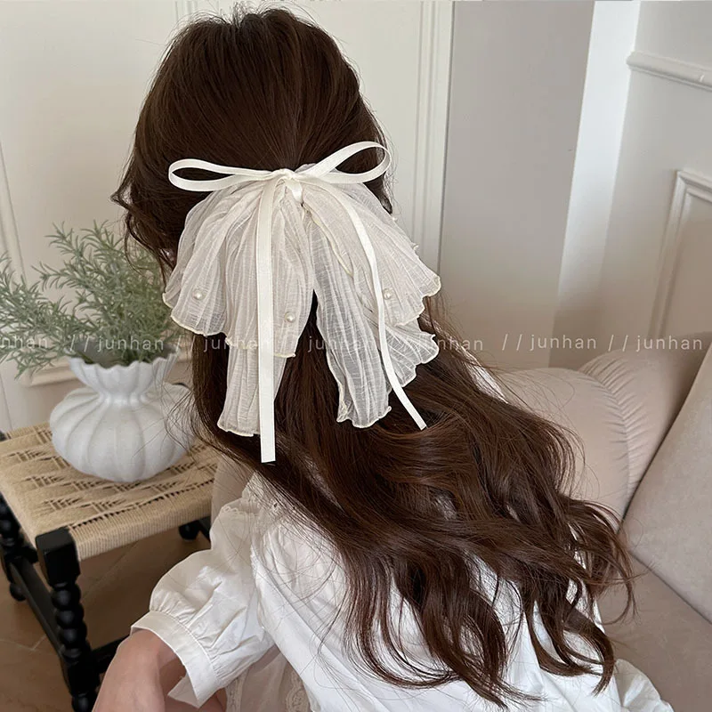 

1 Piece Big Size Women Fashion Mesh Hair Claw Clips Wrinkle Ruffle Bow Ribbon Hair Ponytail Clip Mesh Elegant Hair Accessories