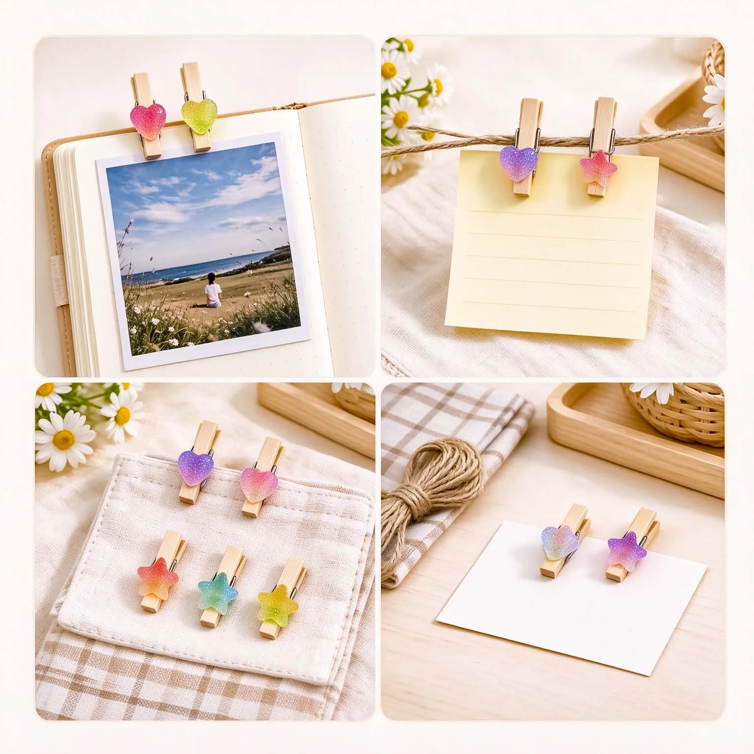 Gradient Candy Star & Heart Wooden Clips, Photo Wall Pegs, with Jute Twine + Push Pins, Durable for Study & Office