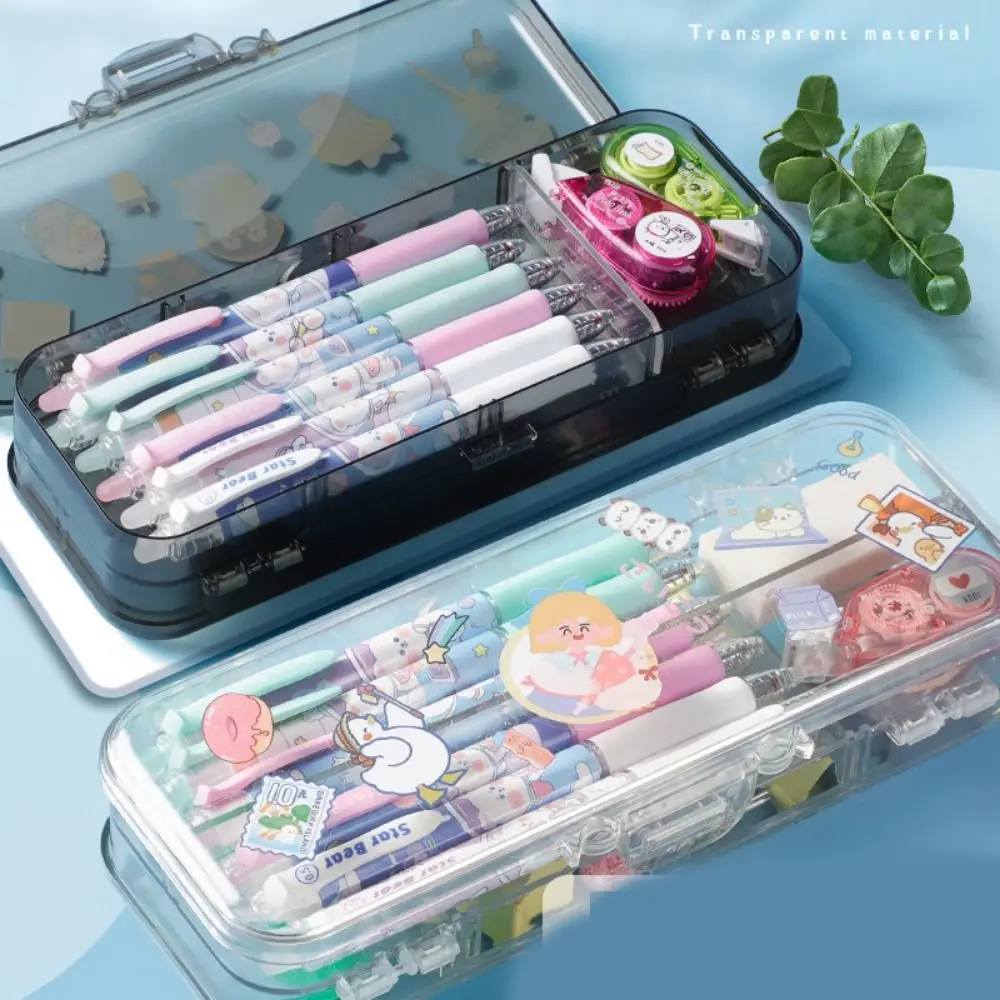 Large Capacity Transparent Pencil Case Plastic Space-Saving Stationery Storage Box with Rulers Stackable Sketch Pen Bag