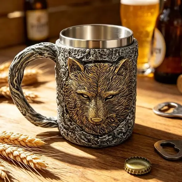 450ml/15oz Gothic Wolf Head Beer Mug, 3D Resin Coffee Cup with Stainless Steel Liner, Viking Style Drinking Cup for Men, Bar Dec
