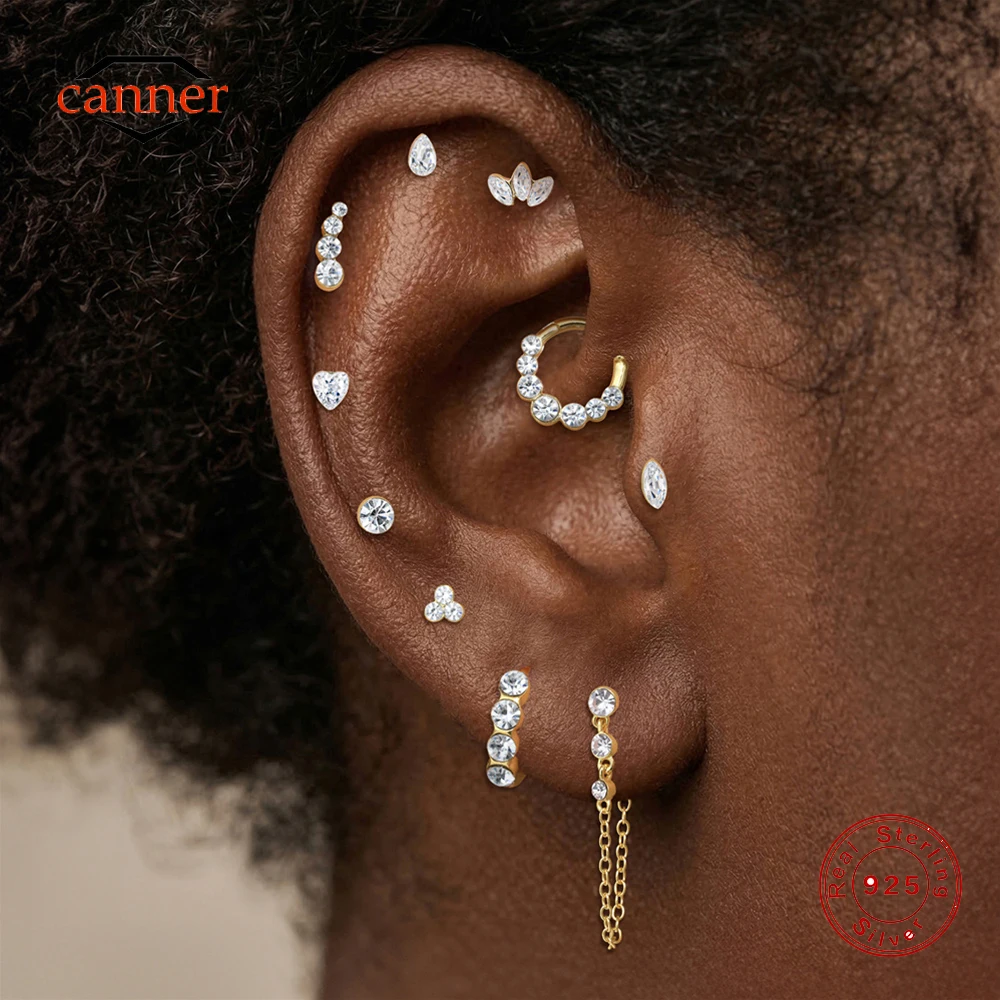 

CANNER 1PC 925 Sterling Silver Classic Crown Geometric CZ Flat Head Thread Piercing Earring Women Ins 18K Gold Plated Ear Bone