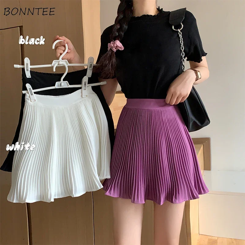 

Mini Skirts Women Folds New 2022 Summer High Waist Retro A-line Tender Trendy Young Юбка Женская Elastic Leisure Popular Chic