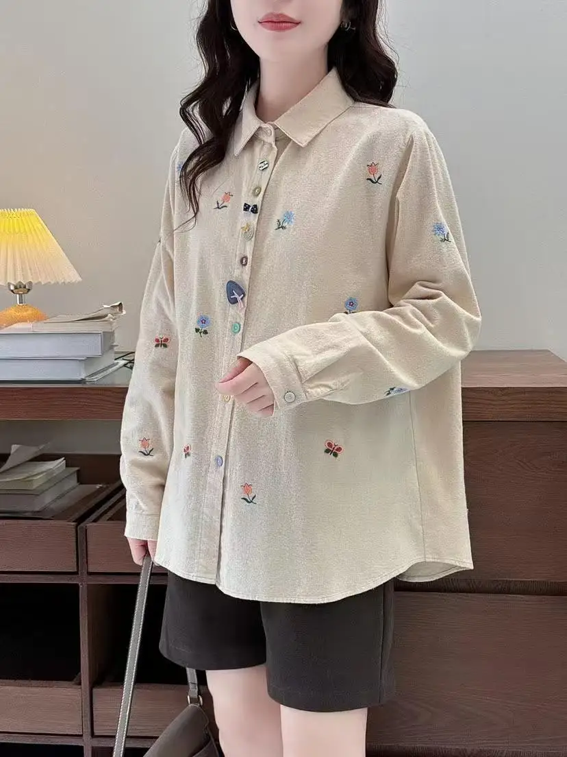 Mori girl Japan style winter vintage green apricot brushed shirt women thicken warm cartoon flower embroidery long sleeve blouse