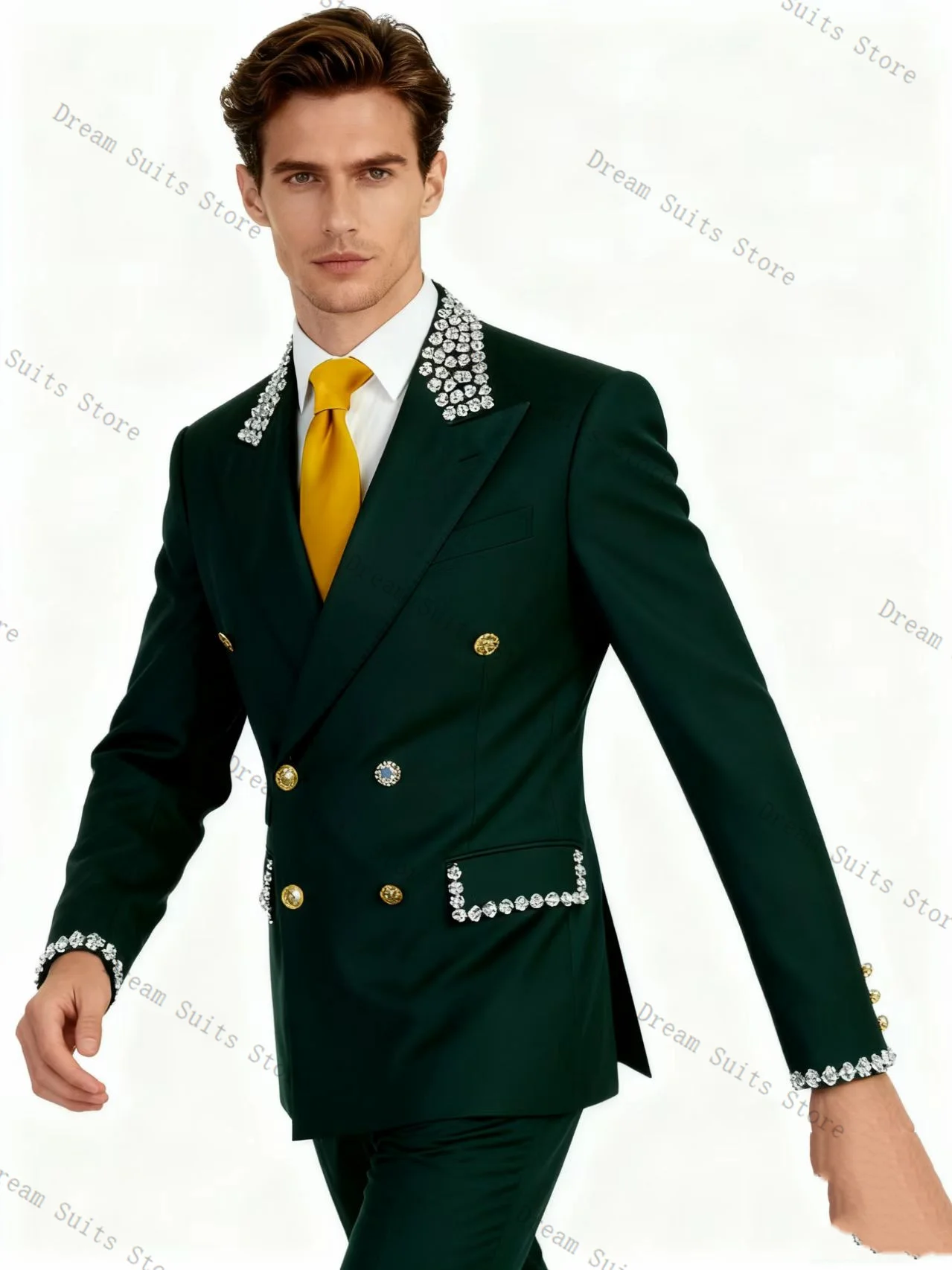 

Green Crystals Men Suit Set 2 Piece Blazer+Pants Trousers Cotton Customized Formal Office Jacket Wedding Tuxedos Prom Coat