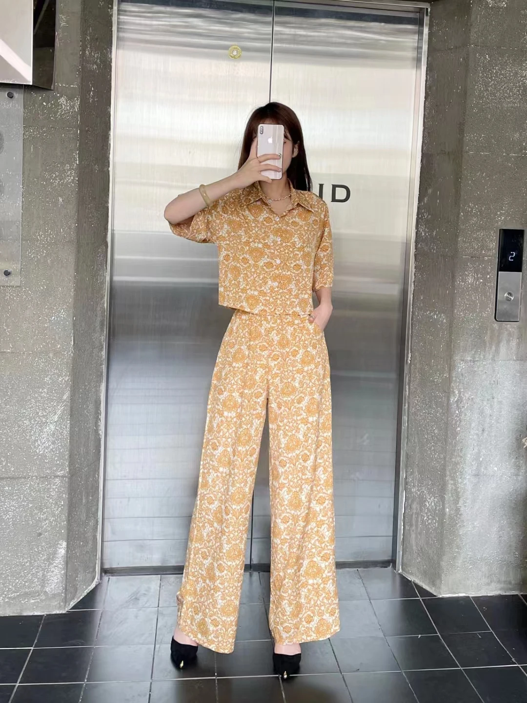 2024 New Spring Summer Women Sweet Florl Long Pants Suits Loose Short Shirt And High Waist Wide Leg Long Pants Two Piece Set