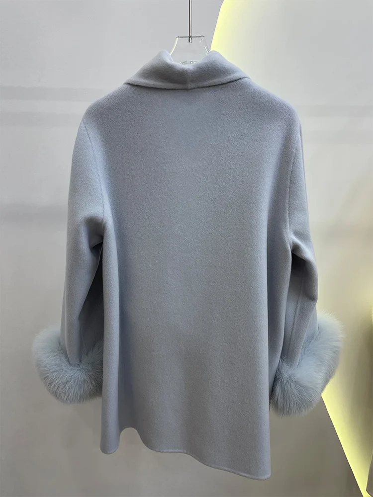 2025 Winter Women Natural Fox Fur Cuffs Coat Wool Jacket Woolen Real Ladies Outwear Female Coat Luxury Jacket