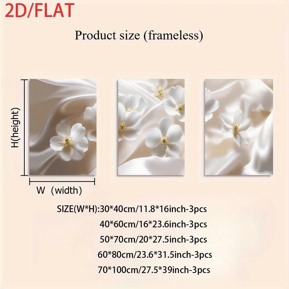 3PCS Large-sized frameless canvas paintings,1 set of three frameless decorative paintings, white flowers on a silk background, 2