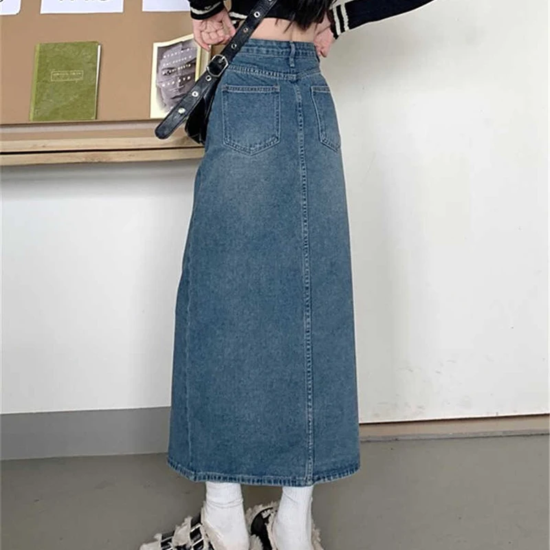 S-3xl faldas vaqueras con abertura de gran tamaño para mujer, falda vaquera azul acampanada, faldas de longitud media de cintura alta para mujer, ropa de calle