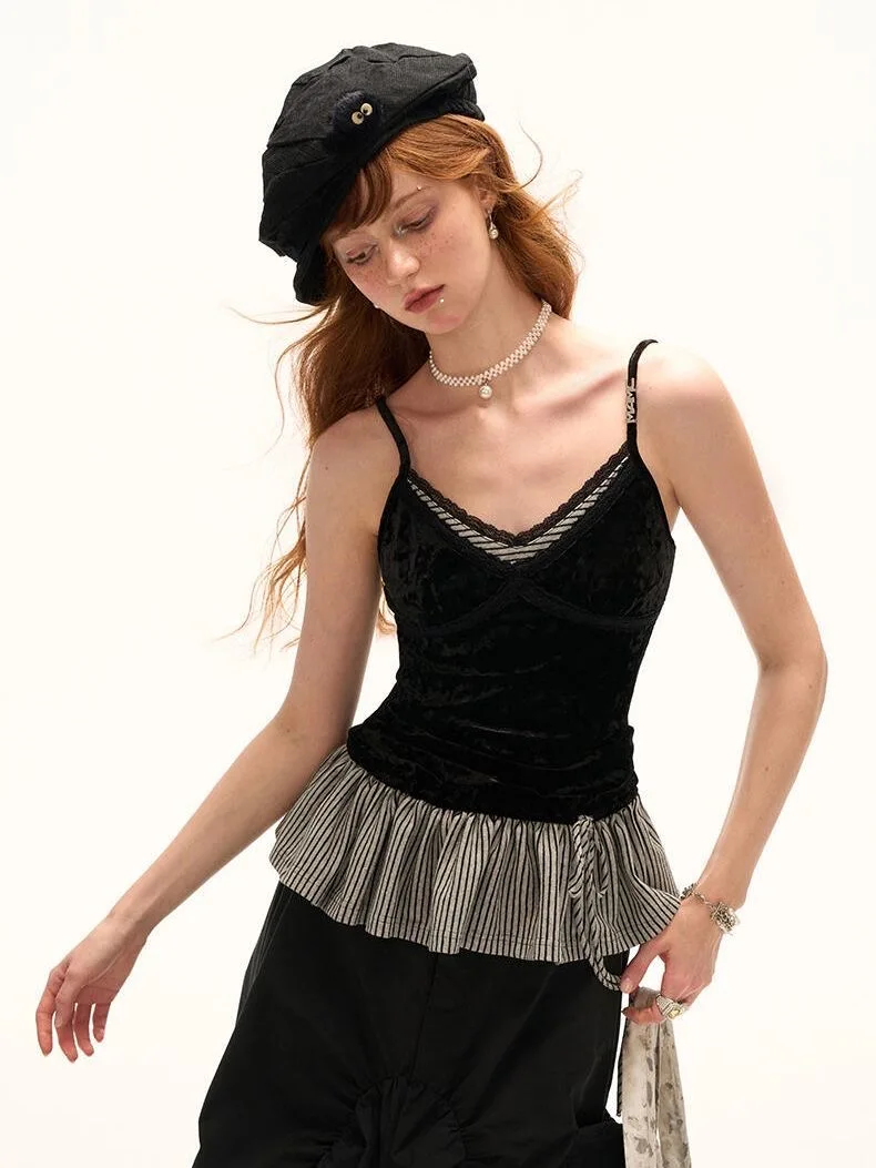 Real Shot Zweiteiliges Damen-Set mit quadratischem Ausschnitt und Strickjacke zum Binden + gefälschtem zweiteiligem gestreiftem Rüschen-Cami-Oberteil mit langen Ärmeln