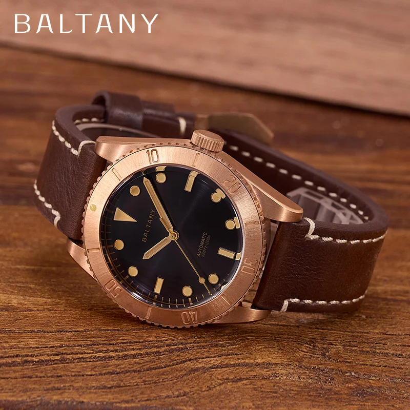 Baltany Diving Wristwatches Men 44mm NH38 Automatic Sapphire Crystal Leather Stainless Steel 20ATM Mechanical Bronze Watches