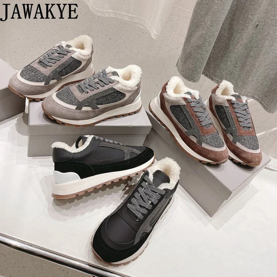 High Quality Real Suede Leather Fur Sneakers Winter Fashion Brand Mixed Color Platform Shoes Beading Walking Loafers Shoes