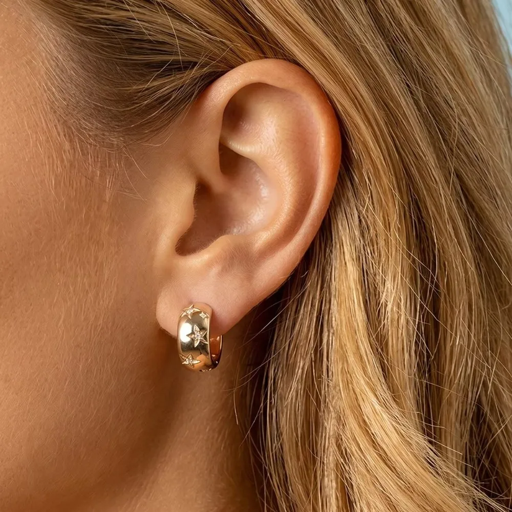 1Pair Crystal Embellished Chunky Hoop Earrings Chunky Profile Hinged Closure Crystal Hoop Earrings Star Accents Polished Finish