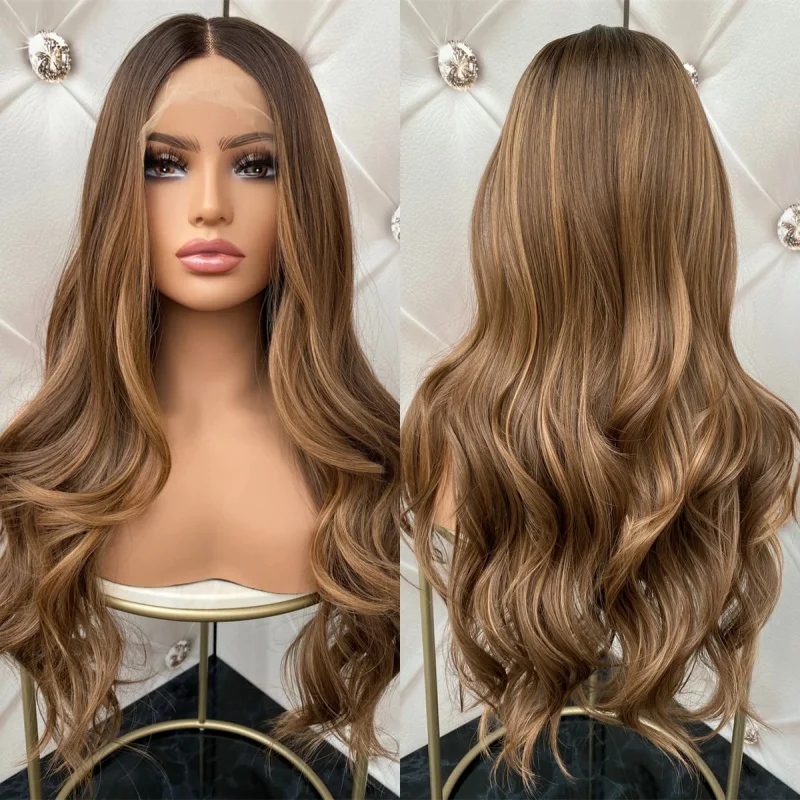 

Ombre Caramel Brown Highlights HD Invisible Lace Front Wig Heat Resistant Fiber Wig Natural Preplucked Hairline with Baby Hair