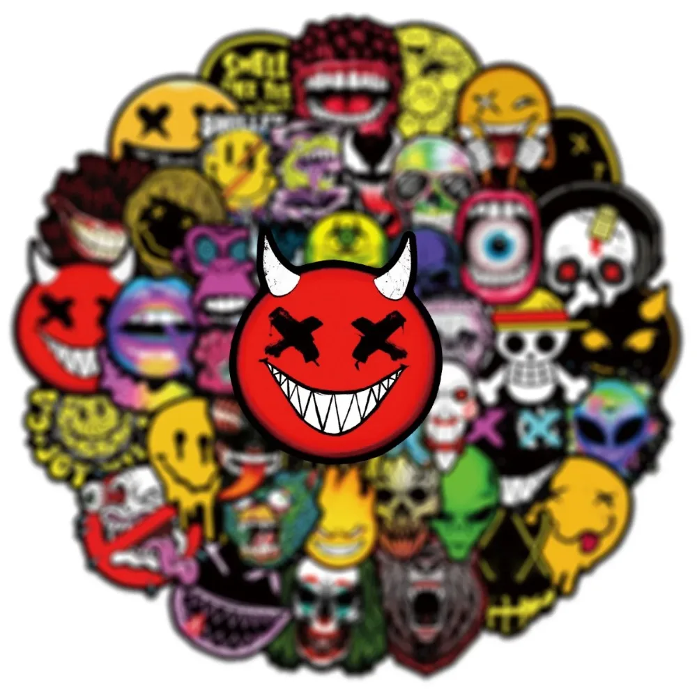 50PCS Cool Fashion Cartoon Horror Smiley Graffiti Sticker Suitcase PVC Skateboard Laptop Refrigerator Phone Car DIY Decal