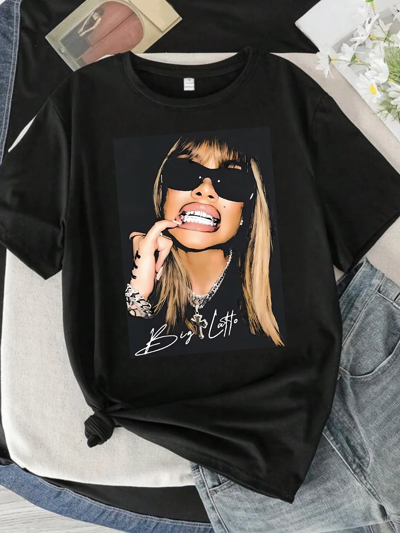 

Figures and glasses pattern round neck plus size women T-shirt short sleeve trend printing elastic half sleeve T-shirt