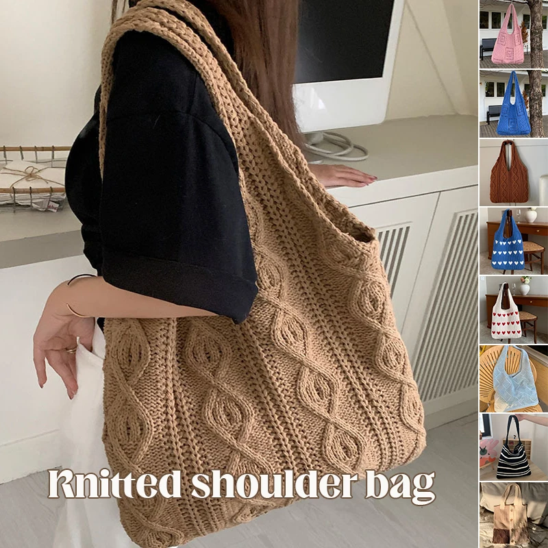 Women Knitted Handbags Hollow Woven Shoulder Bag Handle Totes Shopping Bag Delicate Wool Hand Bill Shoulder Bag Shopping Bag