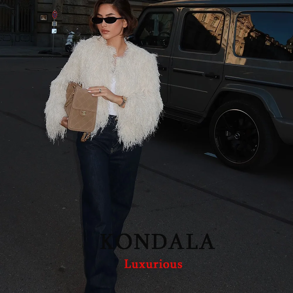 سترات نسائية مثيرة أنيقة بشراشيب بيضاء من KONDALA معاطف قصيرة بأكمام طويلة ورقبة دائرية موضة خريف 2025 ملابس خروج نسائية للحفلات