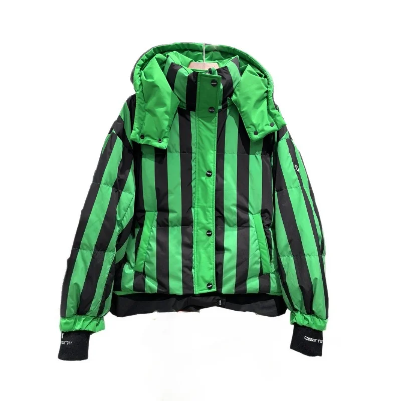 ストライプショートダウンジャケットレディースフード付きメイラードブレッドジャケット韓国人気服レディースコート