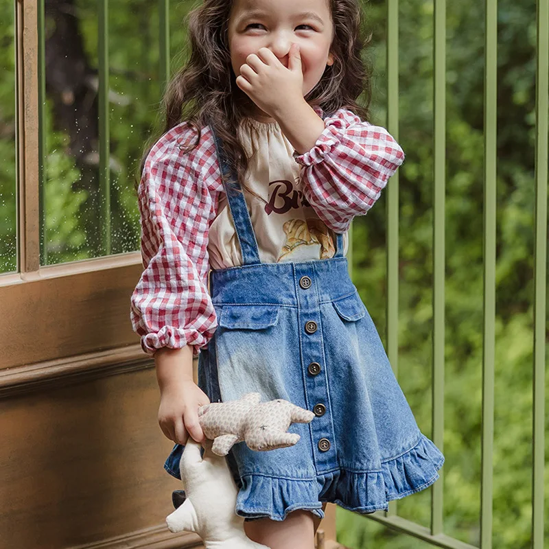 Small Checkered Strap Skirt 2025 Autumn Strawberry Shan Korean Children's Girls' Lotus Leaf Lace A-line Strap Skirt