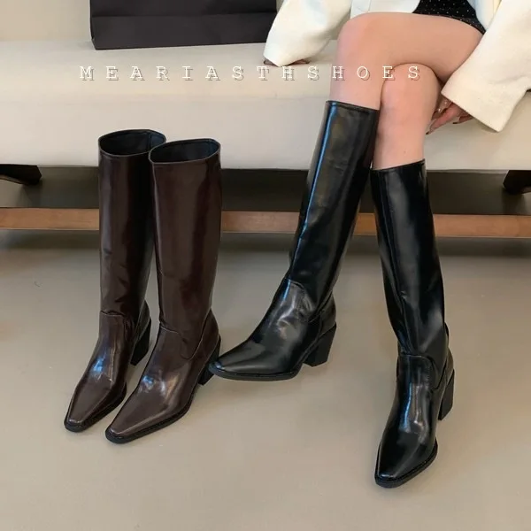 Spring Autumn New Pointed Toe High Heels Knight Boots for Women Fashion Chunky Heel Knee High Boots Retro Trendy Female Shoes