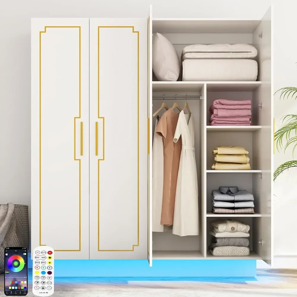 

70in LED 4 Doors Armoires Wardrobe Closet&Cabinet with Metal Hanging Rod, Freestanding Bedroom White Tall Armoires