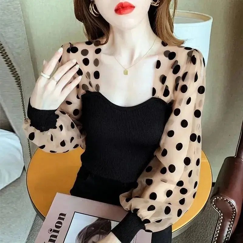 2024 New Summer Sexy Korean Style Aesthetic KPOP Fashion Style Women's Clothing Polka Dot Splicing V Neck Long Sleeve Y2K Tops