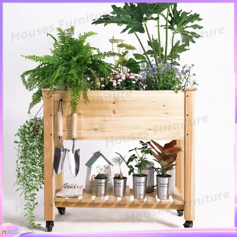 Elevated Wooden Garden Planter Box on Wheels Outdoor Raised Bed with Removable Pots for Herbs Vegetables Flowers Mobile Plant