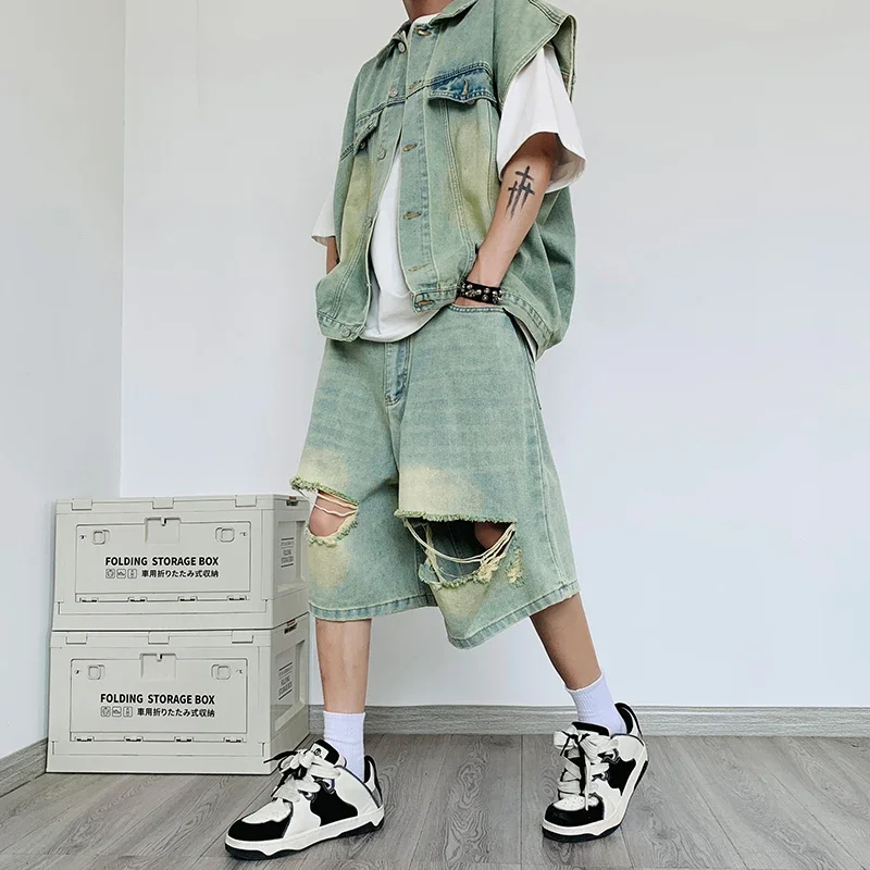 

Fashion Denim Vest Shorts Suit Men's Handsome Summer Sleeveless Jacket Thin Casual Loose High Street Ripped Jeans Male Clothes