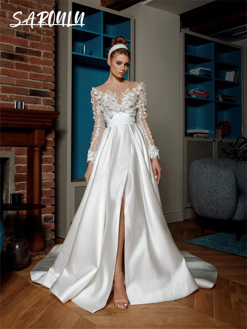 Vestido de novia de satén con apliques florales, vestidos de novia personalizados para mujer, abertura lateral, vestido de novia largo de línea A con mangas completas