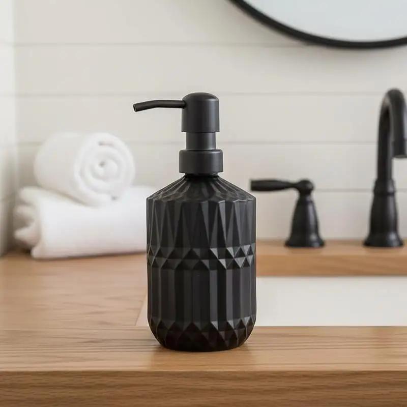 400ml Capacity Leak-Proof  Glass Hand Soap Dispenser With Diamond Textured And Rustproof Pump For Bathroom Kitchen Countertop