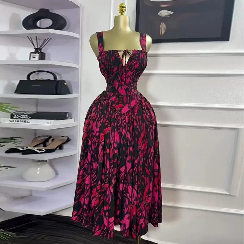 Sexy imprimé fleuri Bal Strapl Dr Fre doux Sle jupe longue taille haute printemps été trajet approprié Maxi Dr