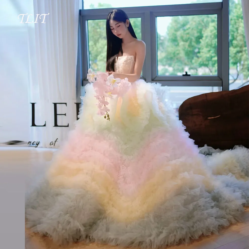 

TLIT luxurious Candy Color Tulle Tiered Evening Dress Korea Wedding Dress Photo Shoot Strapless Ball Gown Prom Gowns Customized