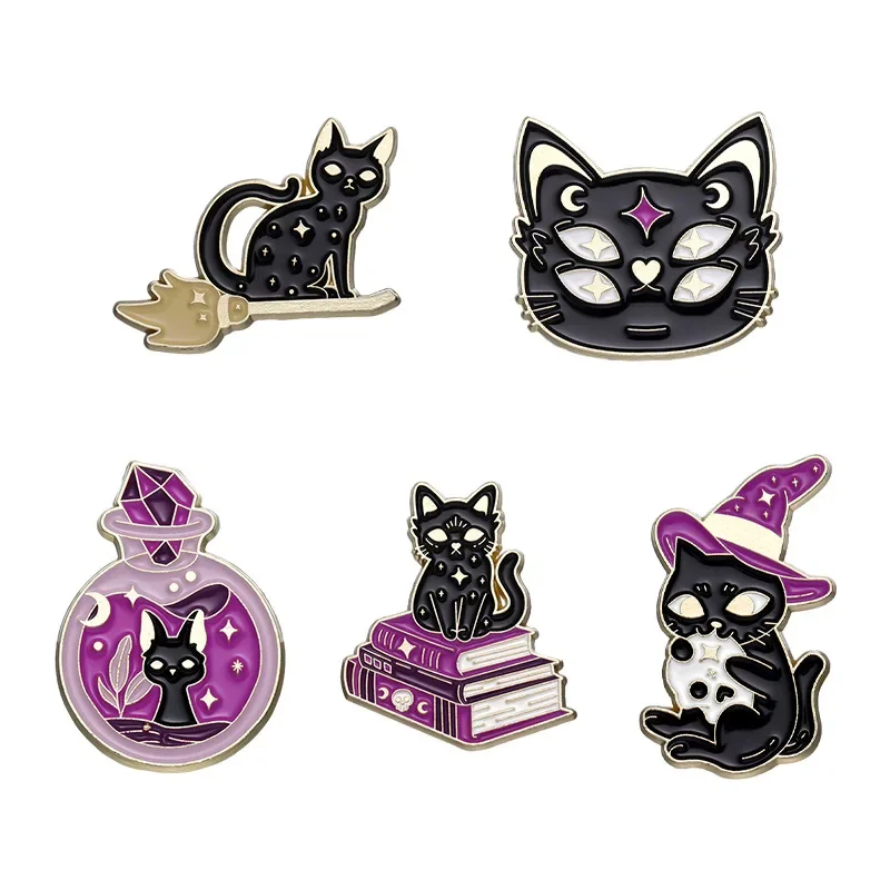 Purple Magic Black Cat Brooches Witch Book Enamel Pins for Backpack Spooky Gifts for Friends