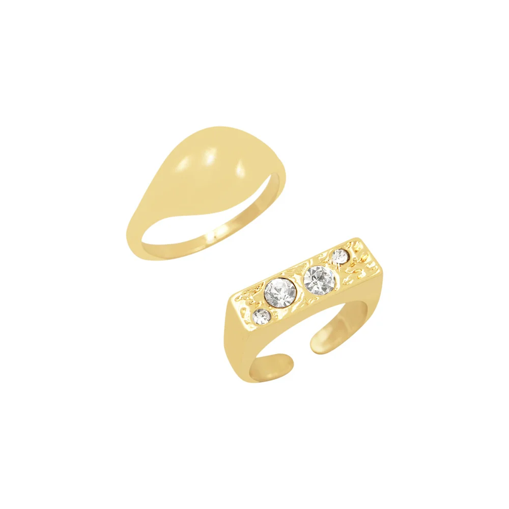 Trendy Gold Color Clear Stone Decorated Bubble 2 Pcs Ring Pack For Women Girl Casual Elegant Lovely Romantic Jewelry