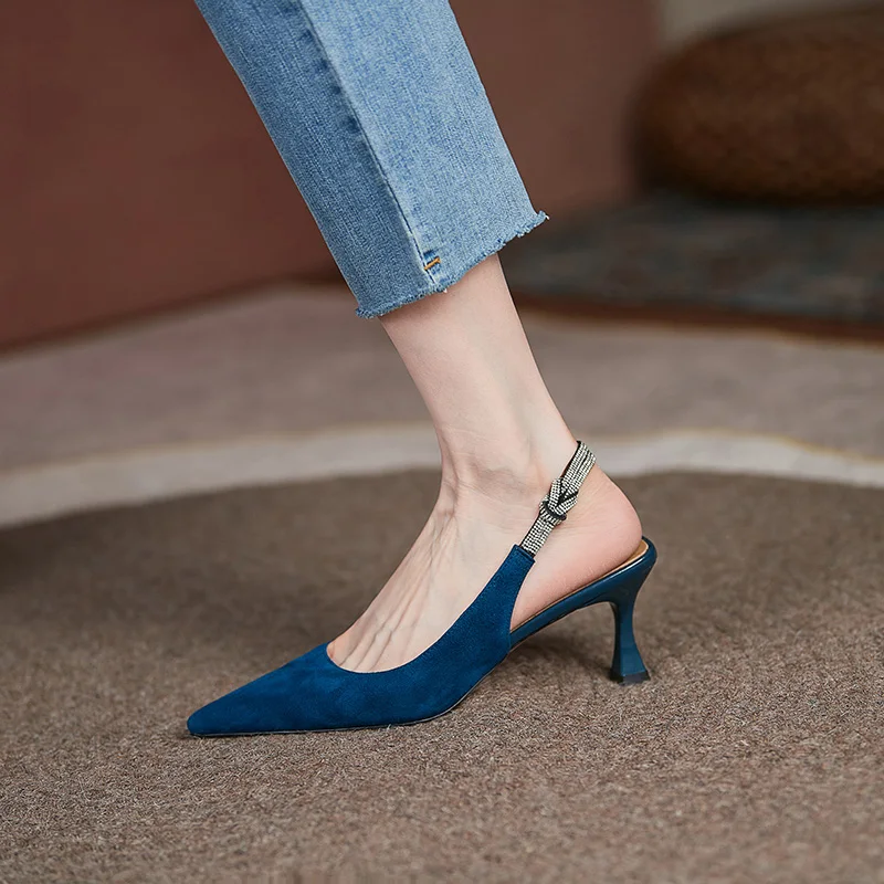 Nature Suede Slingbacks Women High Heels New Summer Black Blue Pointed Toe Pumps Sexy Crystal Ladies Party Shoes Size 31 To 43