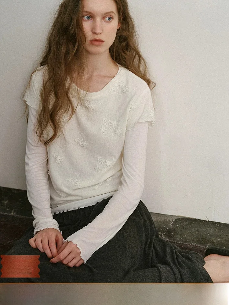 Retro round Neck Lace Long Sleeve T-Shirt Padded Base Layer Shirt Popchrio Casual Style Standard Fit Knitted Polyester Blend