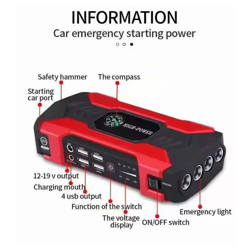 Carro Jump Starter Starting Device, Banco de energia da bateria, Impulsionador de emergência, Carregador, Auto Buster, 12V, 98000mAh