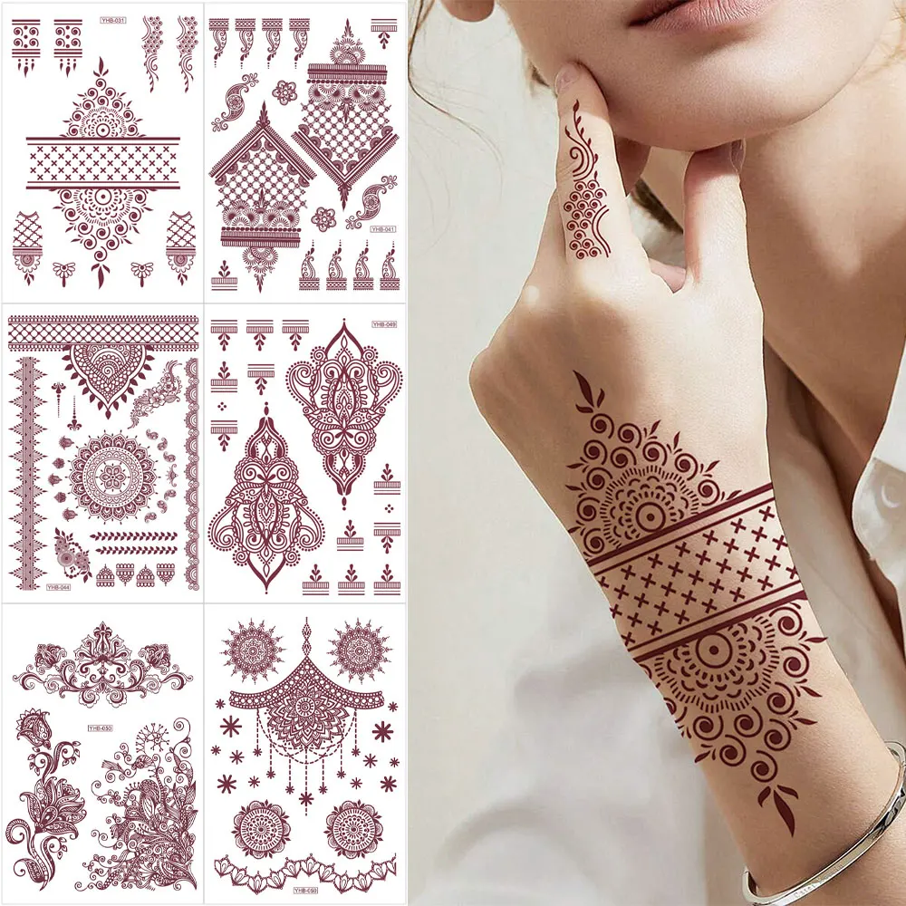 

Brown Flower Temporary Tattoos for Women Henna Tattoo Stickers for Hand and Foot Leg Fake Tattoo Waterproof