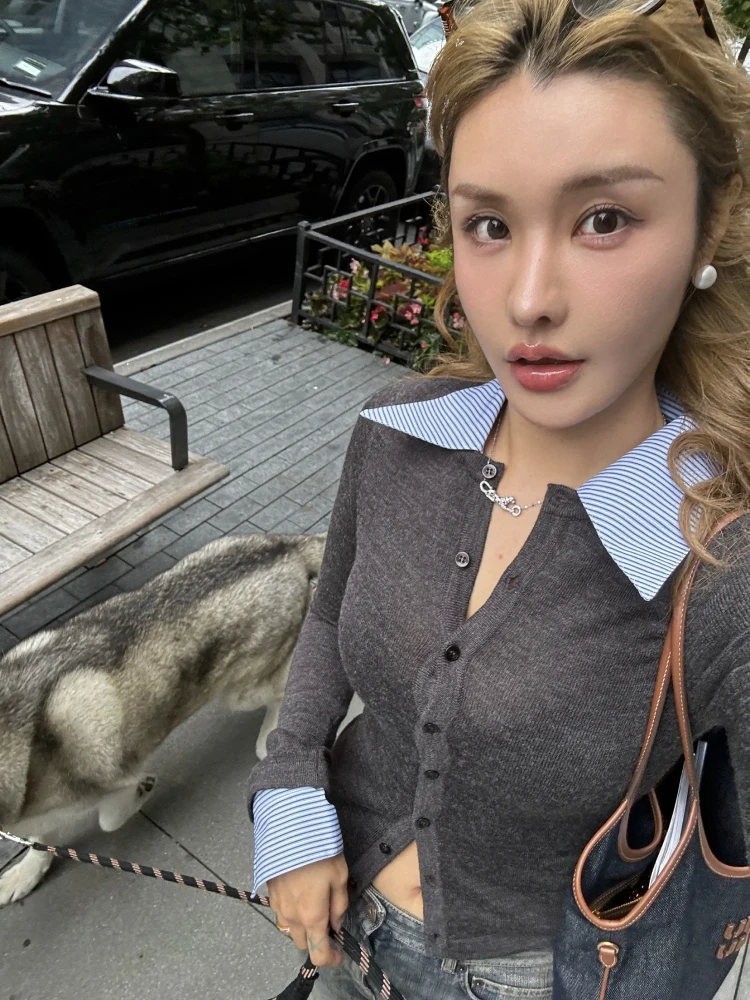 

Открытый Yy25 вязаный свитер с воротником и пуговицами, женский кардиган, свитер для поездок на работу, облегающий длинный свеч, чистый цвет