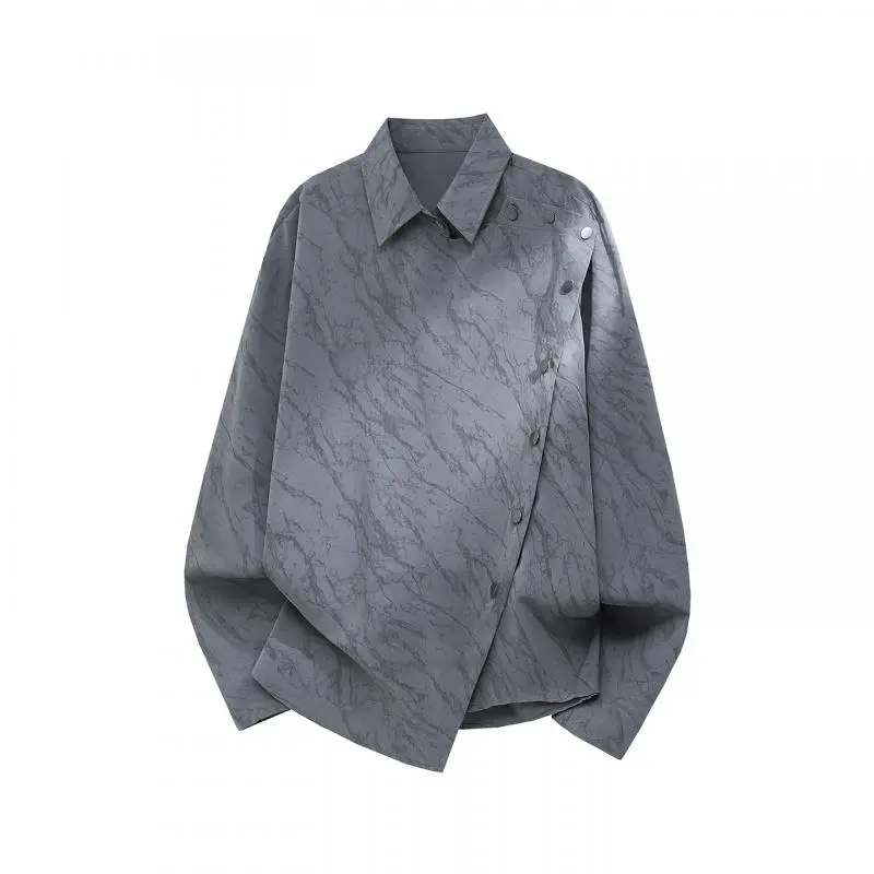 Men's Marble Print Asymmetrical Shirt Snap Button Slant Placket Loose Casual Streetwear Loose Long Sleeve Designer Top for Males