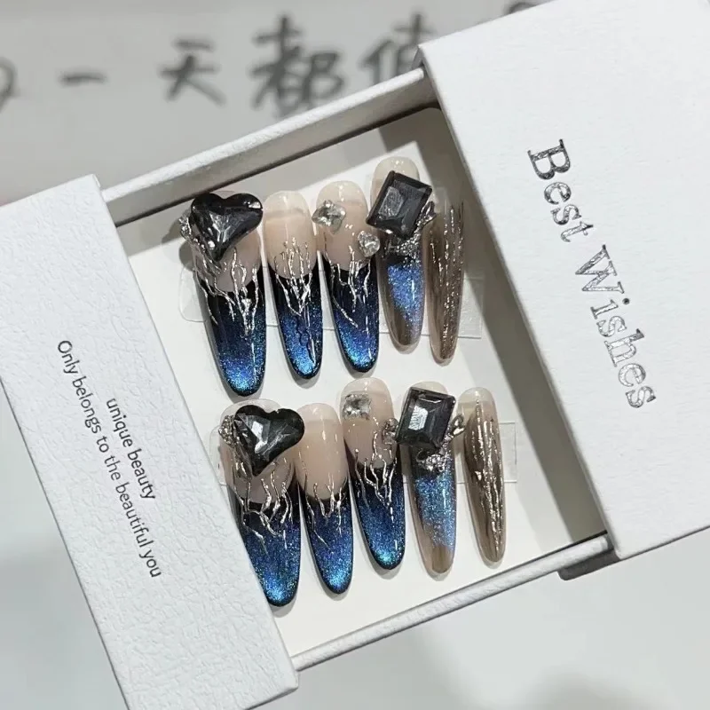 Full Cover False Nails Press on Nails Fake Nails Diy Pure Handmade Removable Blue Cat Eye French Nude Pink Burst Love Diamond