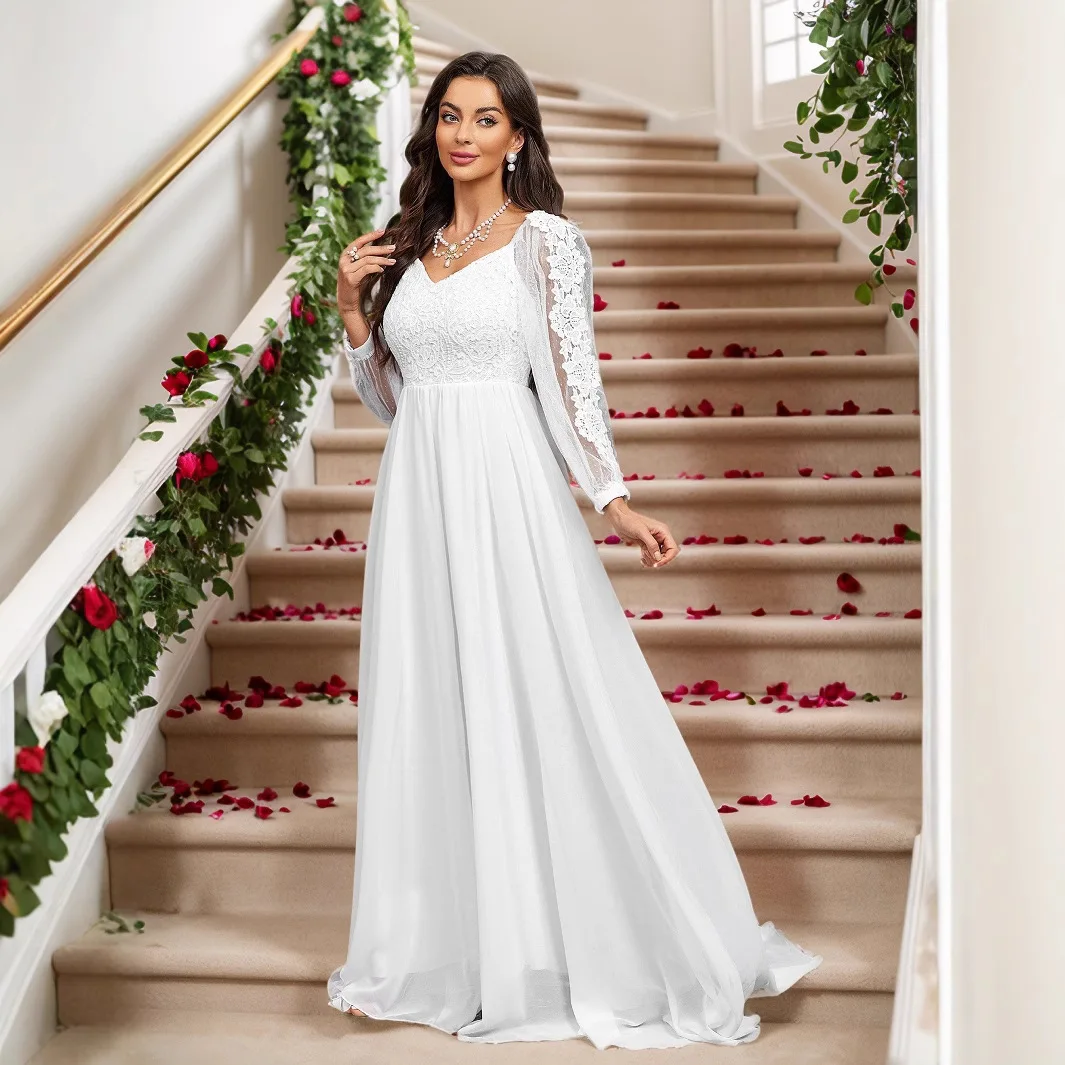 

Lace Long Sleeve Long Dress with Ruffles for Party Wedding Dress Casuales 2025 Summer Dress Robe Vestido Women Party Elegant