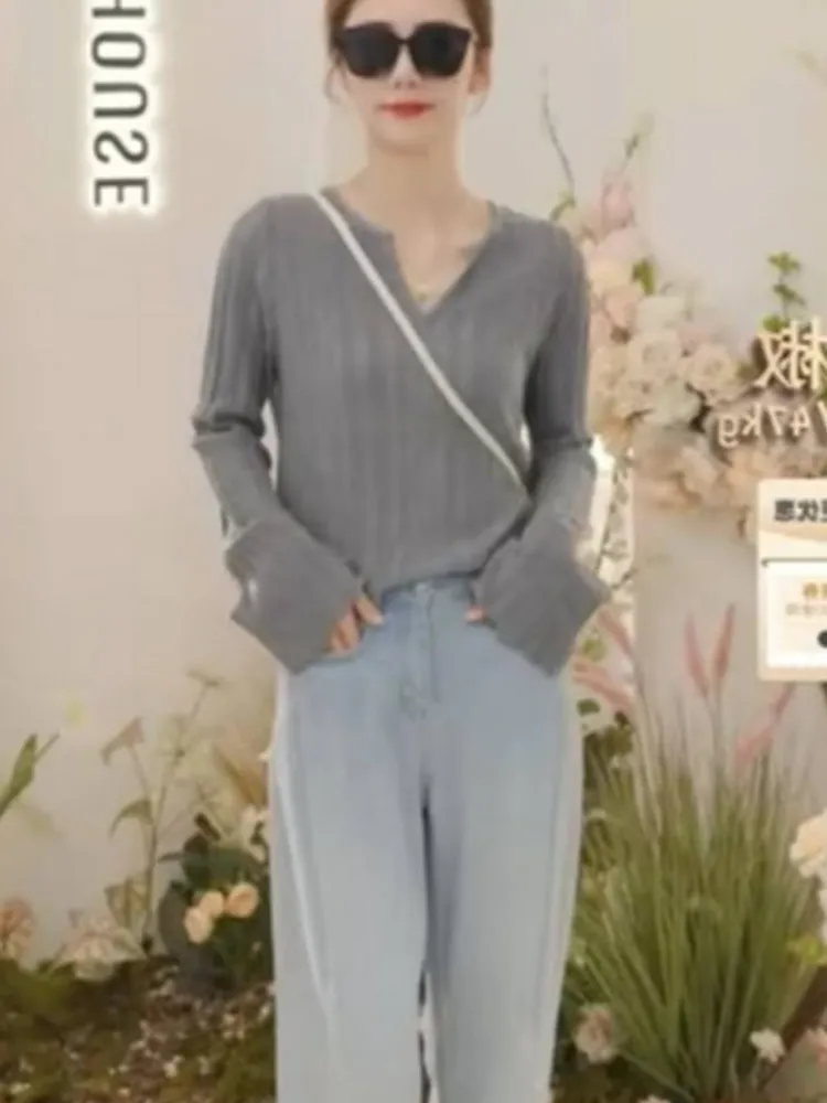 

Korean Sle Pure Color Knitted Wool Sweater Long Sve Comfortable Slimming Base irt Top Anti-Aging Faionable