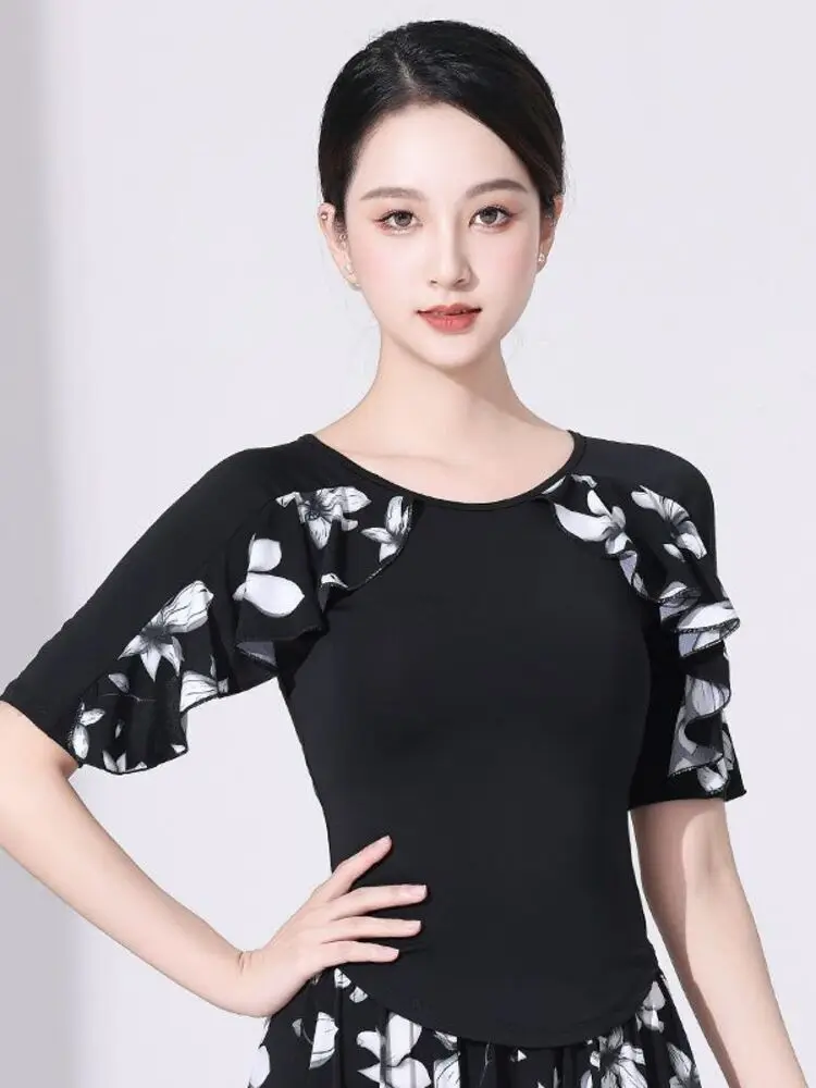 Women Printed Latin Dance Top Floral Cascade Ruffles MId Sleeves Slim Fit Salsa Bachata Performance Wear Stretch Breathable