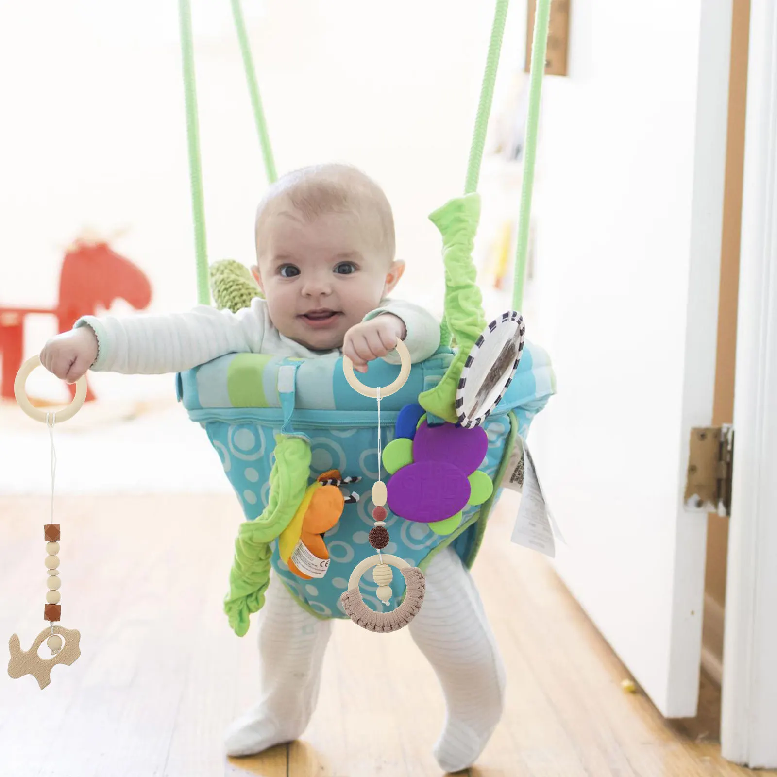 

4Pcs Wooden Hanging Sensory Accessories Nursery Room Decor Stroller Beaded Pendant Visual Stimulation