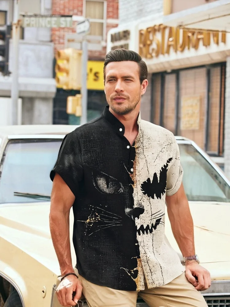 

Мужская рубашка с короткими рукавами и принтом кота в готическом стиле на Хэллоуин, праздничные летние забавные топы 2025 года, шикарный топ с воротником-стойкой и пуговицами в стиле Харадзюку